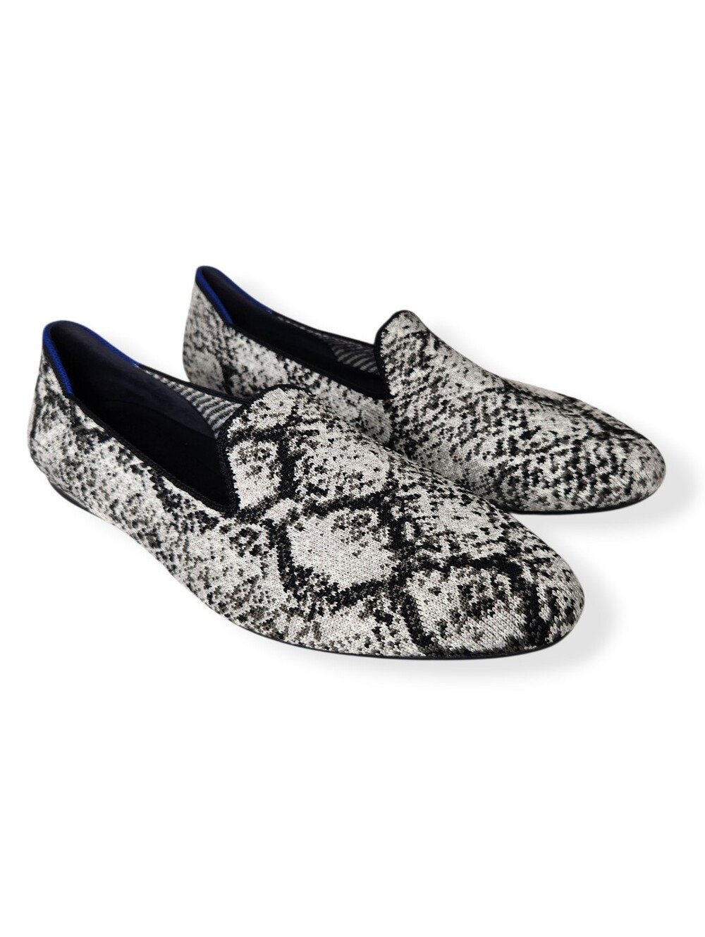 Rothys Almond Loafer Black White Python Snake Print Knit Slip On Shoes Size 9.5